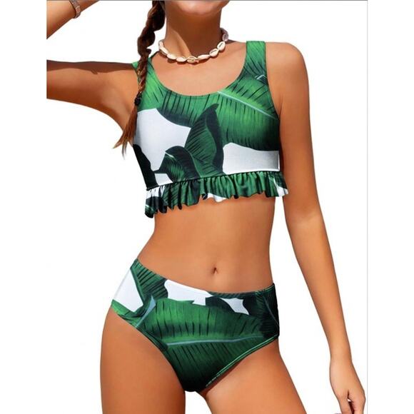 Arshiner Girls 2 Piece High Waisted Tankini, Banana Leaf Print ,Size 9-10 Years - Picture 1 of 12